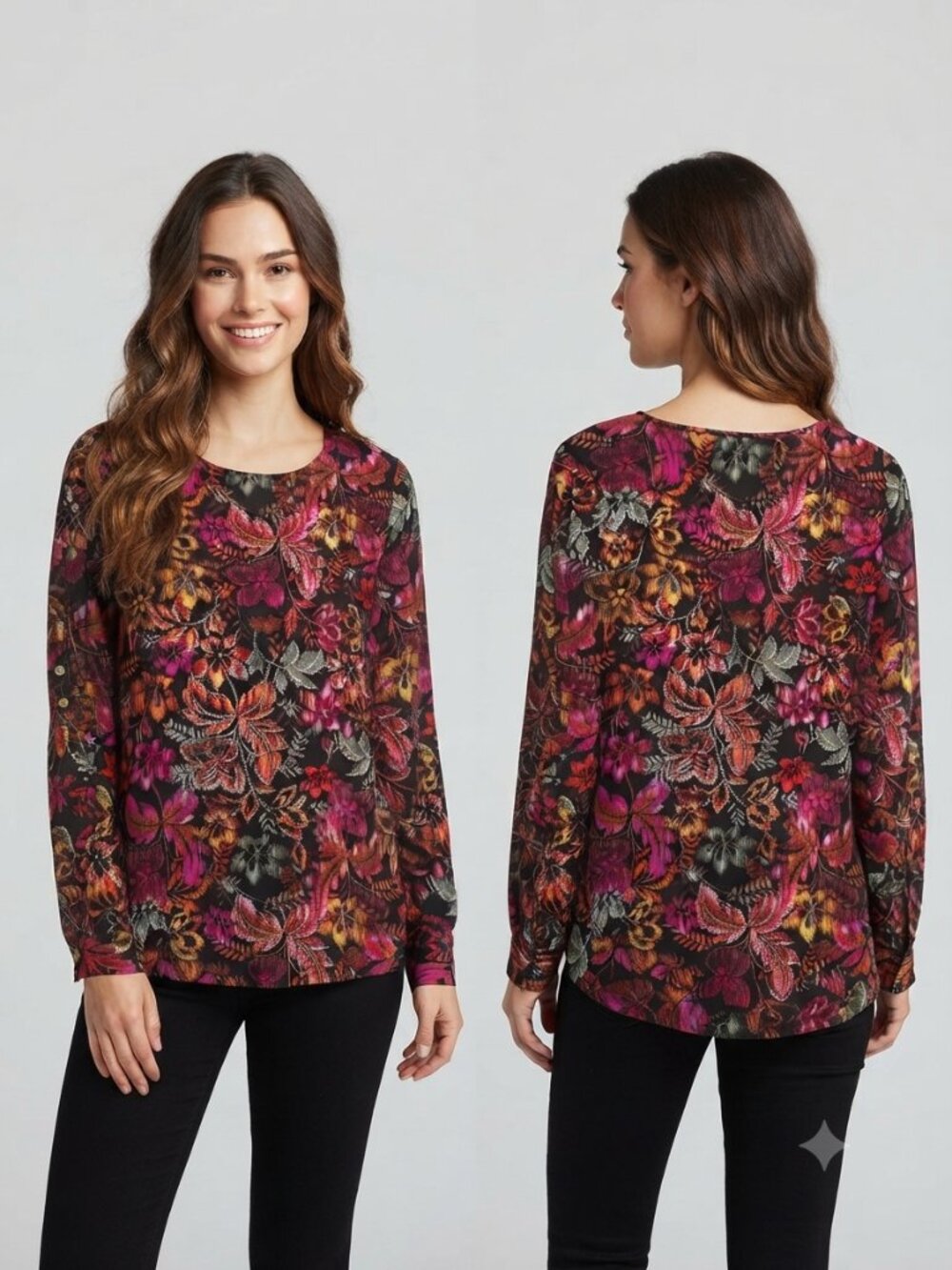 Investments Floral Long Sleeve Blouse Size XL Black Multi-Color Button Detail